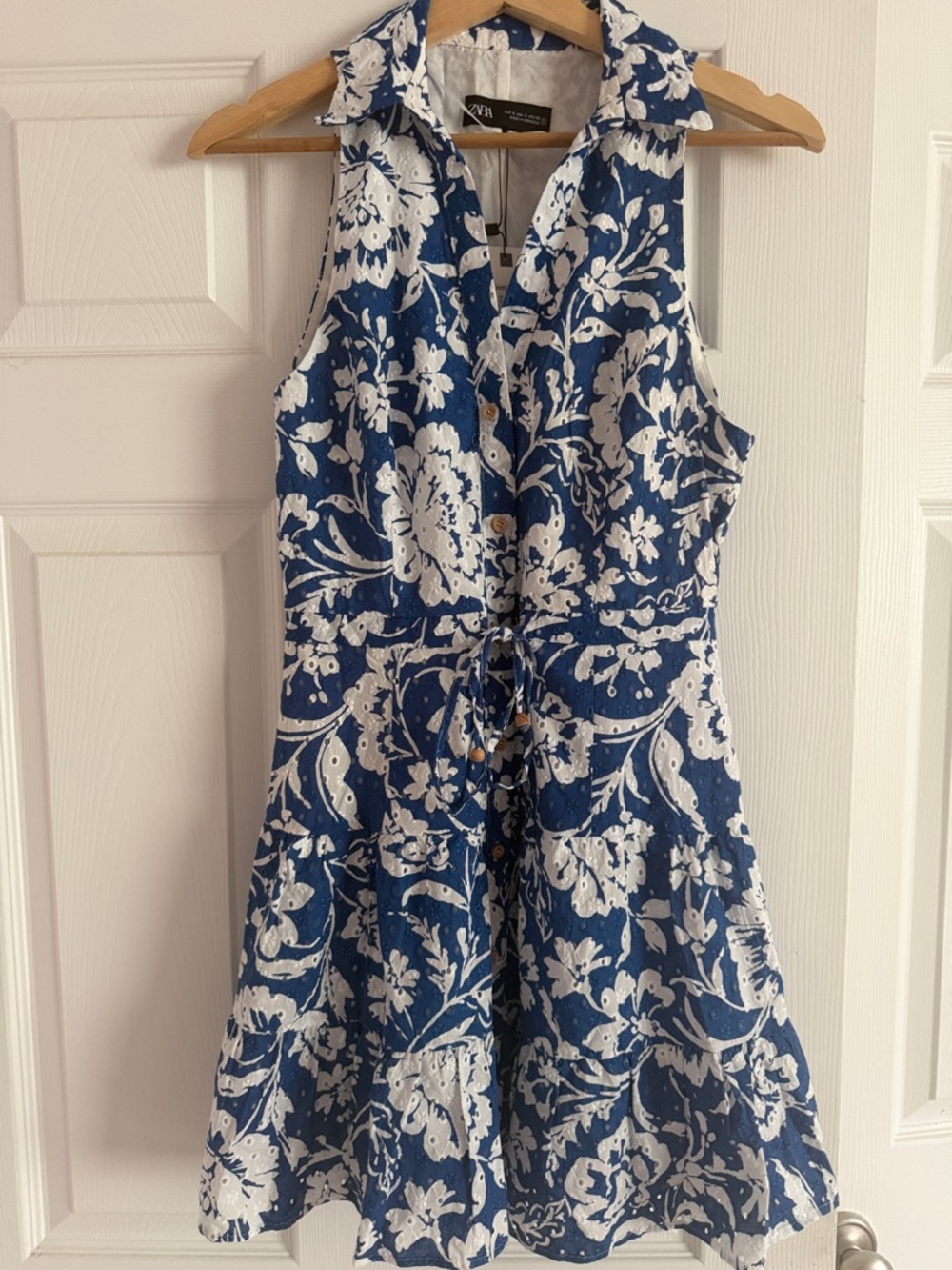 Zara Navy & White Floral Tie-Waist Shirt Dress